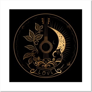 Cottagecore Acoustic Guitar With Moon, Sun And Plants Posters and Art